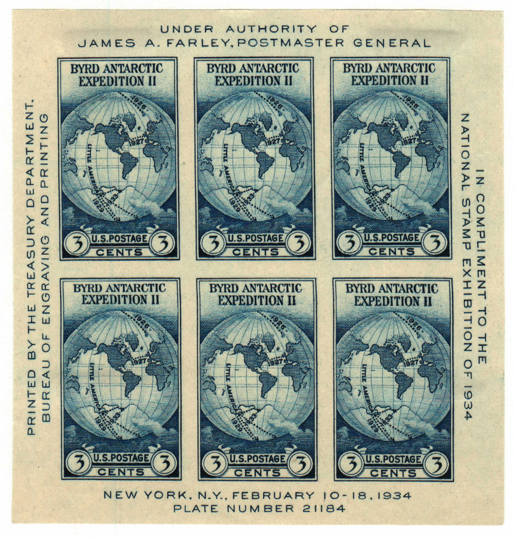 735 - 1934 3c Byrd Antarctic Expedition, Dark Blue, Souvenir Sheet