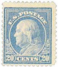 Watermark Single Line 419 - 1914 20c Franklin, Ultramarine, Single Line Watermark, Perf. 12 ...