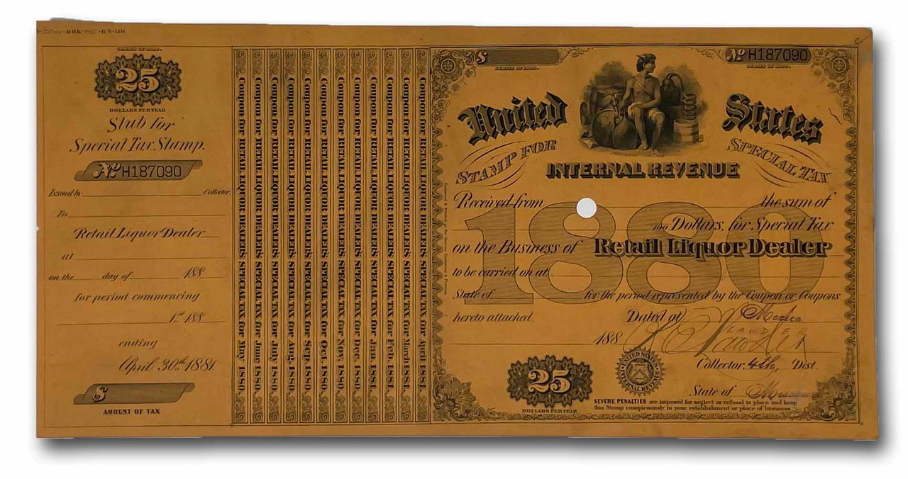 MUS065 - 1880 $25.00 Retail Liquor Dealer, Special Tax Stamp
