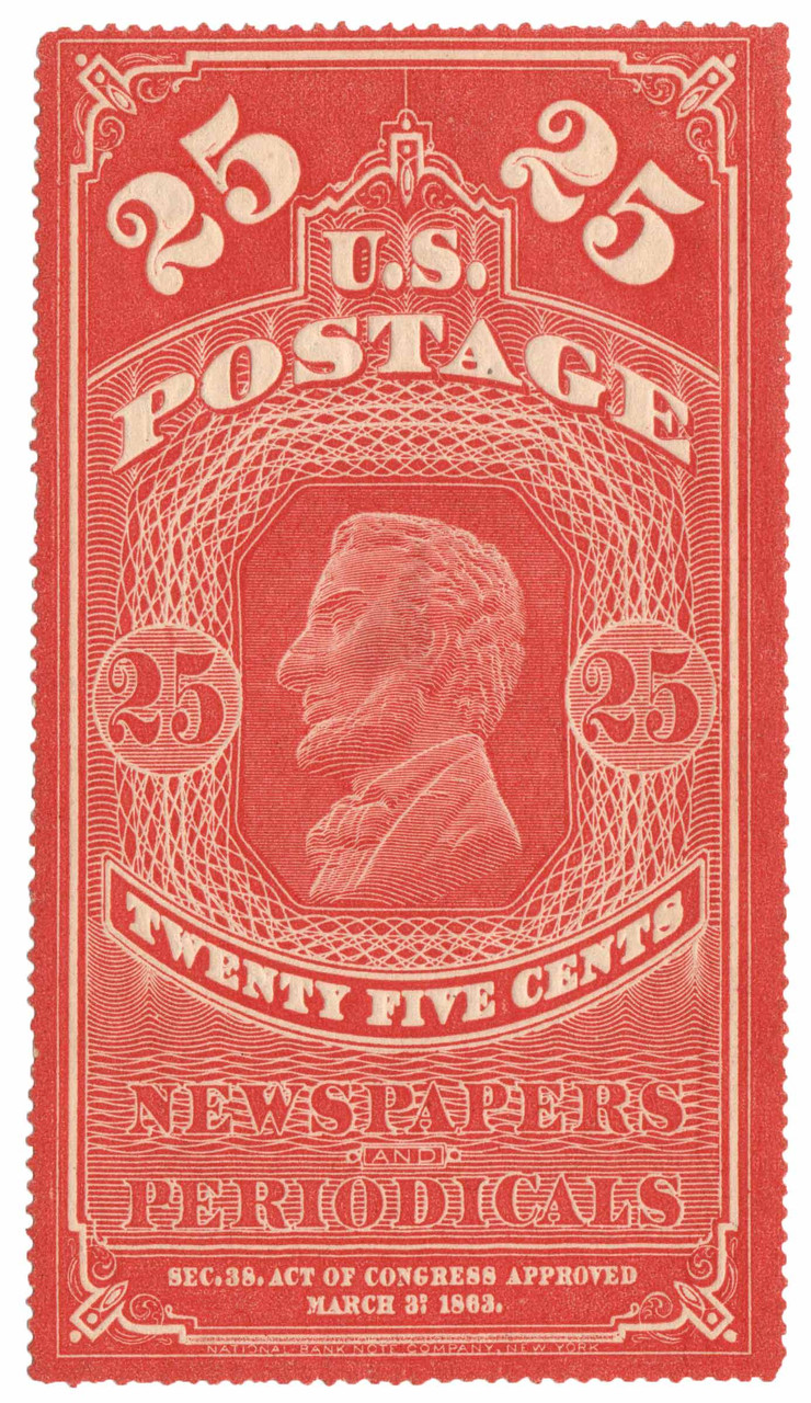 PR3 - 1865 25c Newspaper & Periodical Stamp - Hard Paper, No