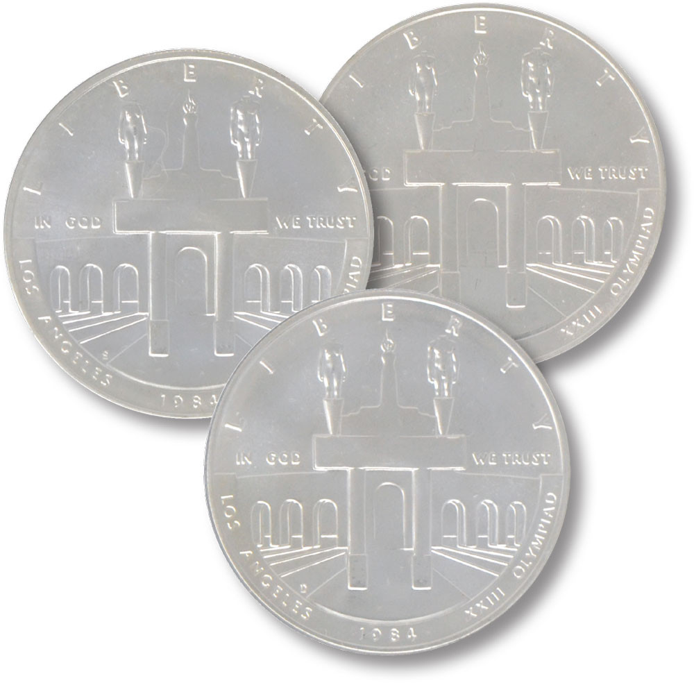 1984年オリンピック記念銀貨3枚セット M12007 - 1984 Olympic Silver Dollars from 3 mints, Uncirculated