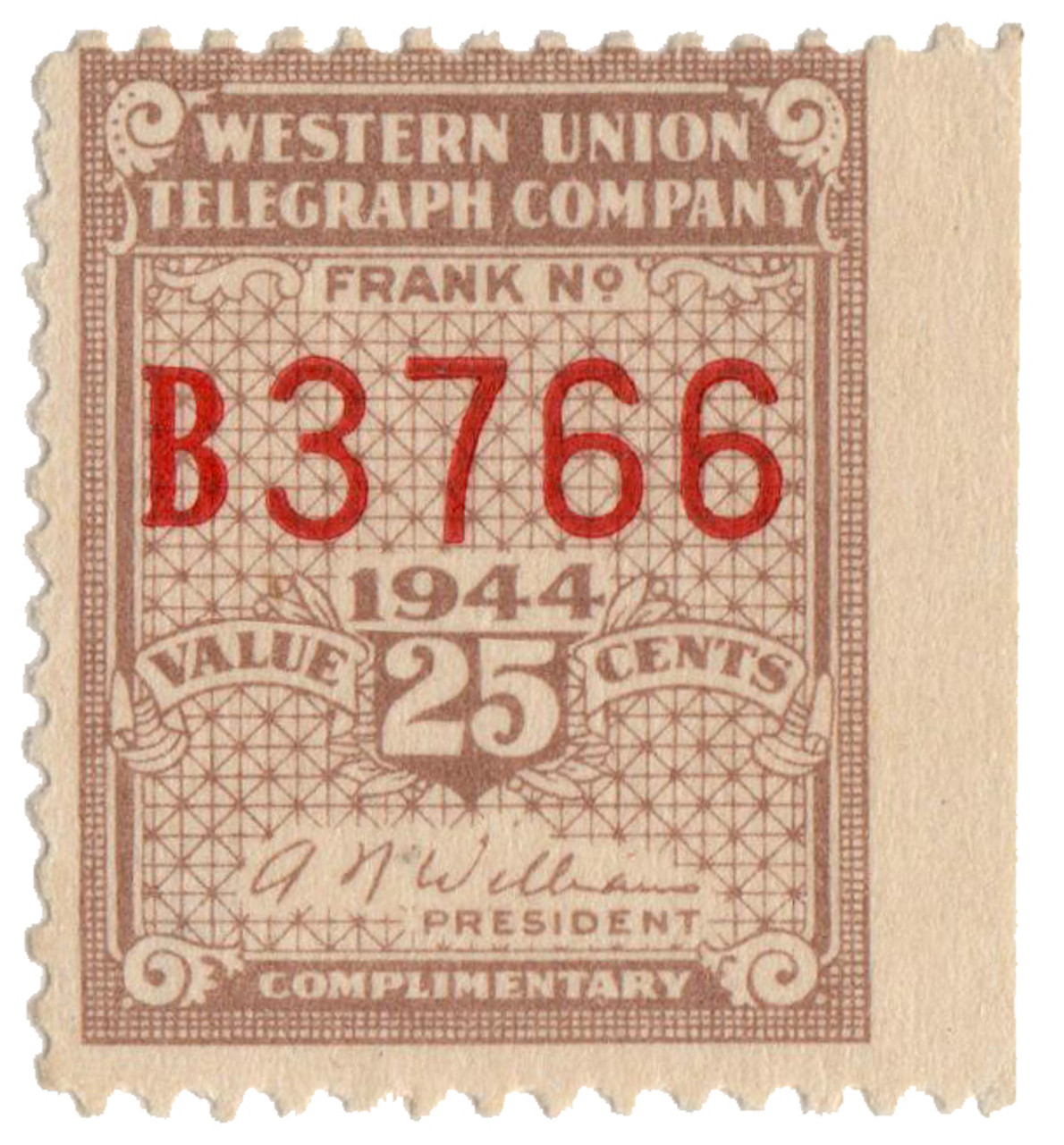 16T111 - 1944 25c buff, perf 12.5, Williams - Mystic Stamp