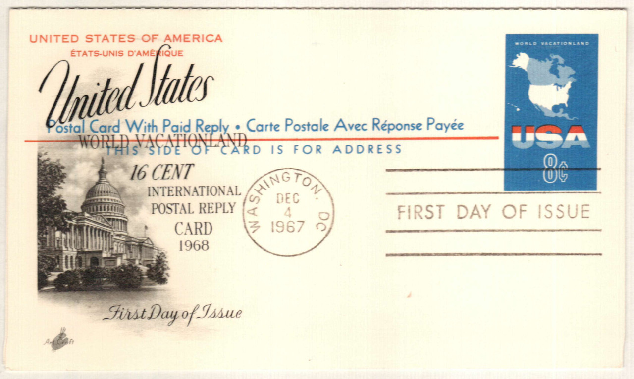 UY20 - 1967 8c Postal Card, Map World Vacationland, Blue & Red
