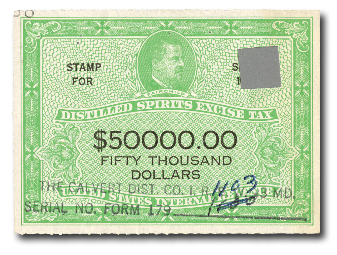 ぼーぼん RX20 - 1950 $5000 Distilled Spirits Excise Tax Stamp, Yellow Green