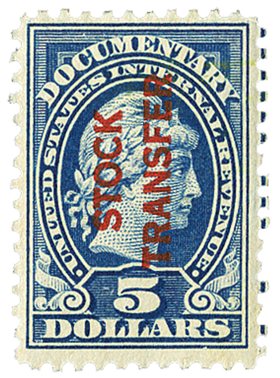 RD16 - 1918-22 $5 Stock Transfer Stamp, dark blue, vertical