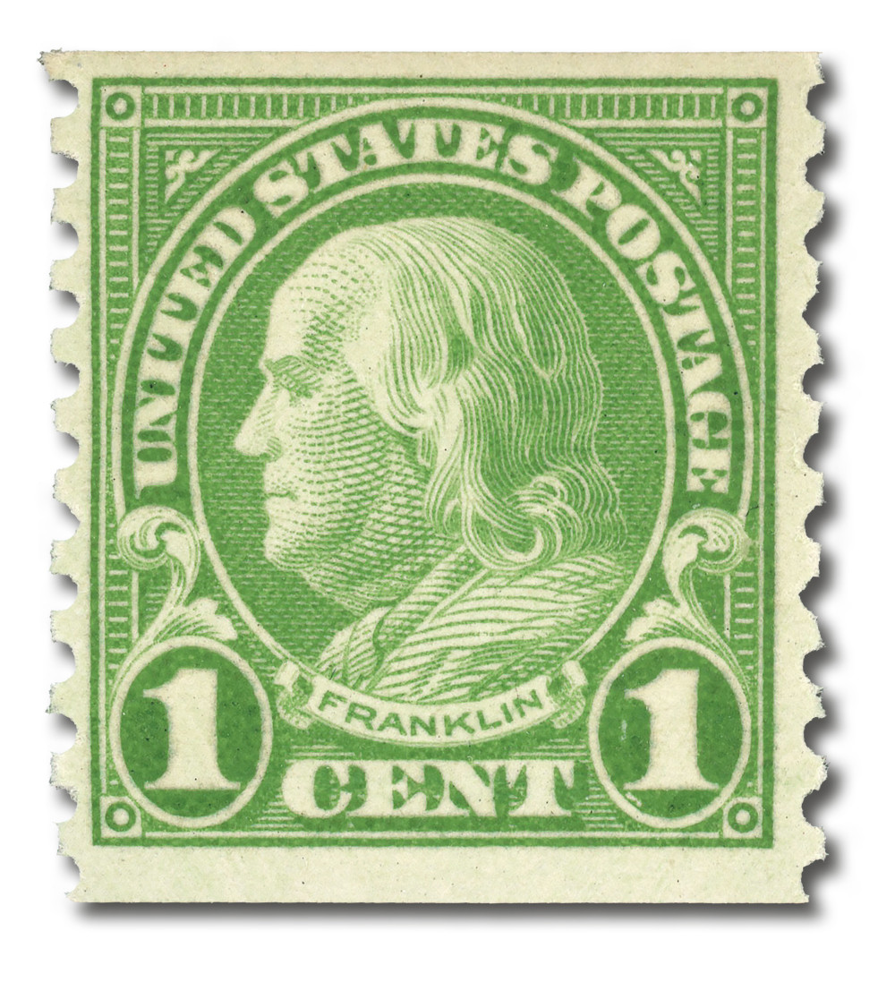 597 - 1923 1c Franklin, Green, Perf. 10 Vertically - Mystic Stamp