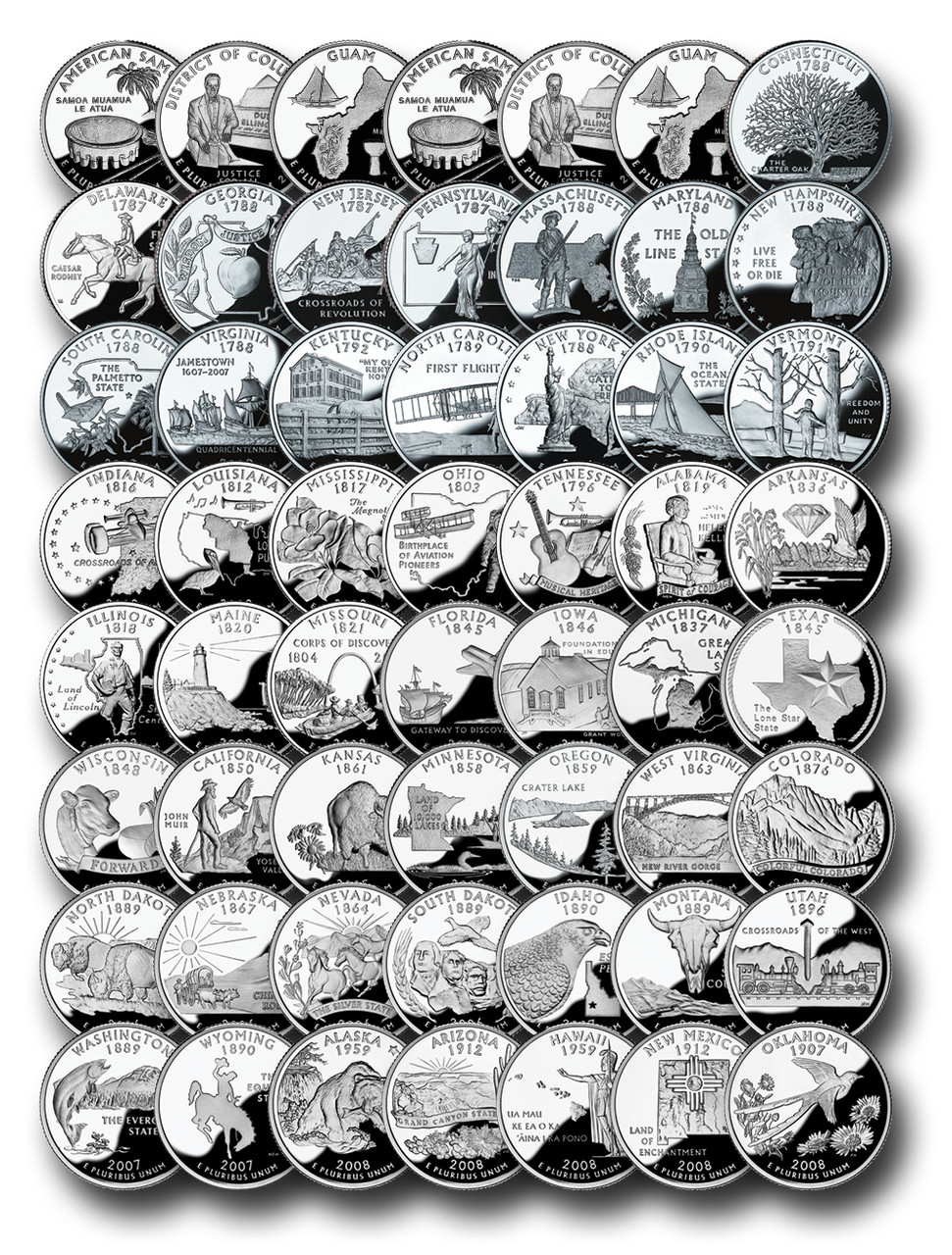 アート・デザイン・音楽 STATE SERIES QUARTERS (1999-2009) 1999-2009 STATE QUARTER SET W/PLACEMENT DIAGRAM MINT
