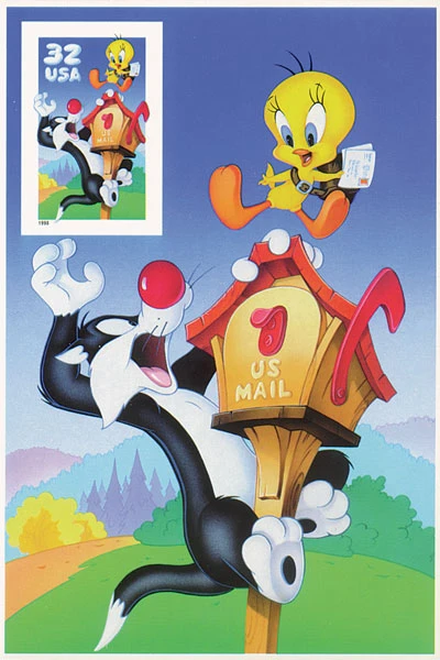 【シリアルナンバー入り】Tweety Bird 3205c - 1998 32c Sylvester & Tweety 10th Stamp Imperf. Pane of 1