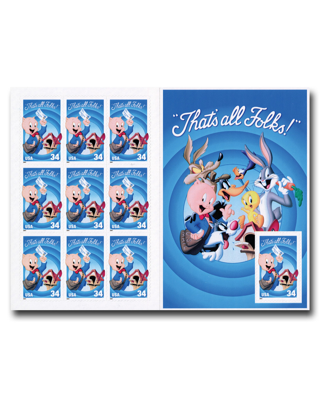 3534 - 2001 34c Porky Pig, Pane of 10 Stamps