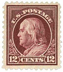 512 - 1917 12c Franklin, Claret Brown, Unwatermarked, Perf. 11