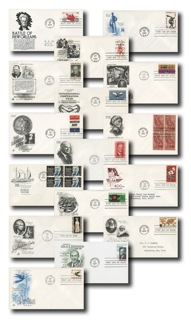 1261-76 - 1965 Commemoratives, Set of 16 First Day Covers - Mystic