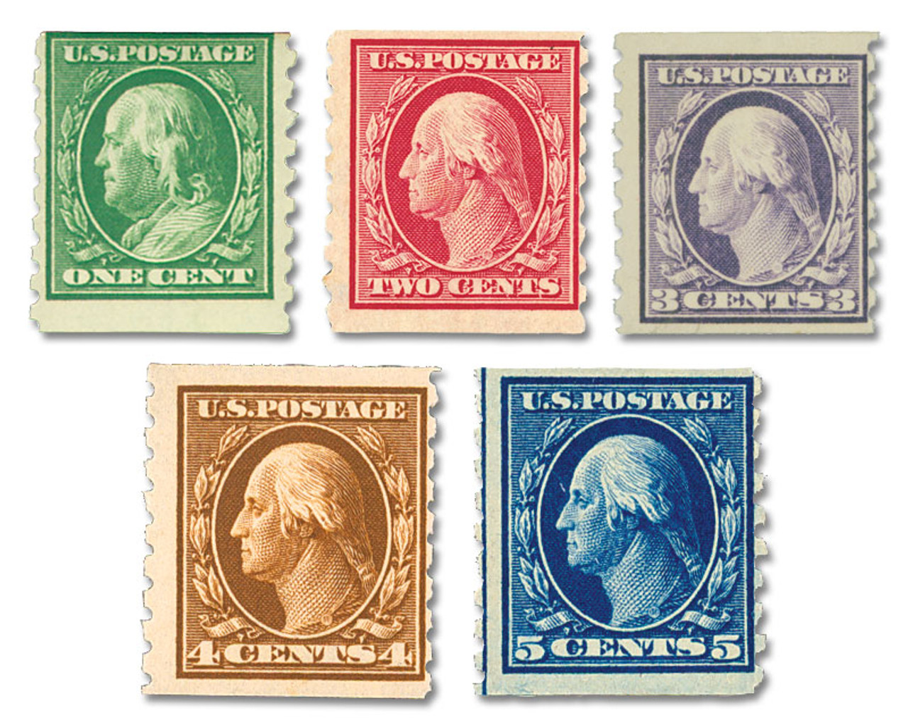 392-96 - 1910 Regular Issues, Single Line Watermark, Perf