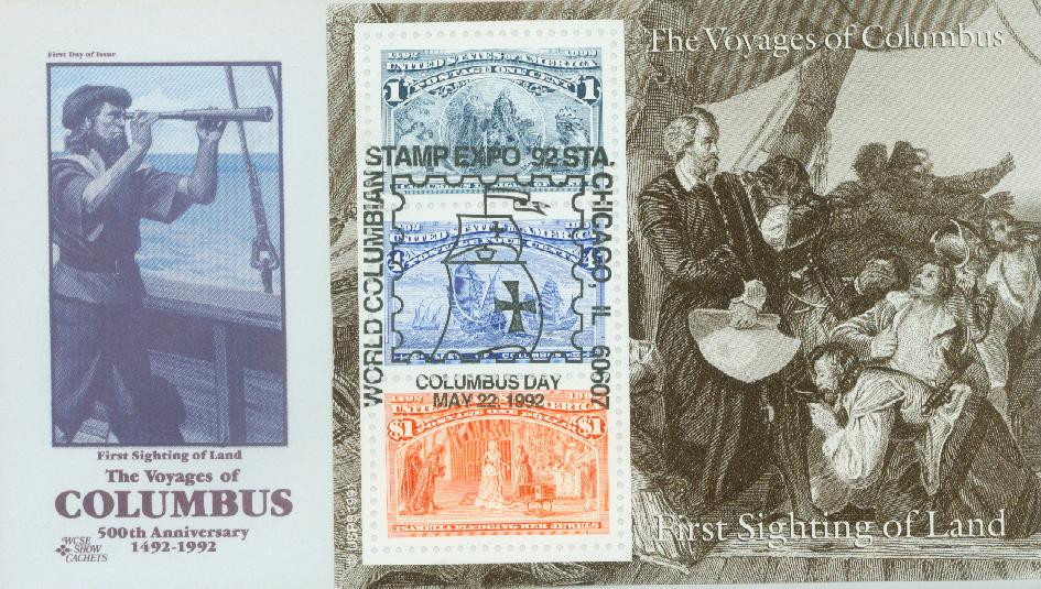 2624 - 1992 1c, 4c, $1 Voyages of Columbus, Souvenir Sheet