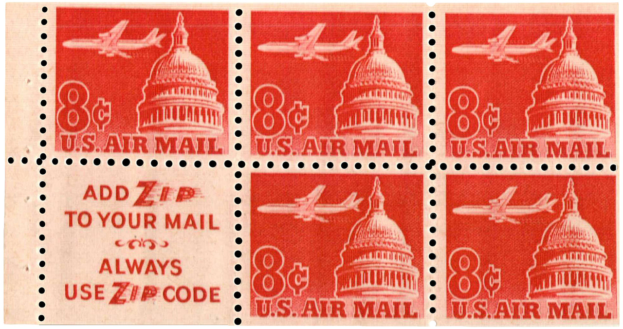 C64b - 1962 8c Airliner & Capitol Dome, Booklet Pane of 5 & Label