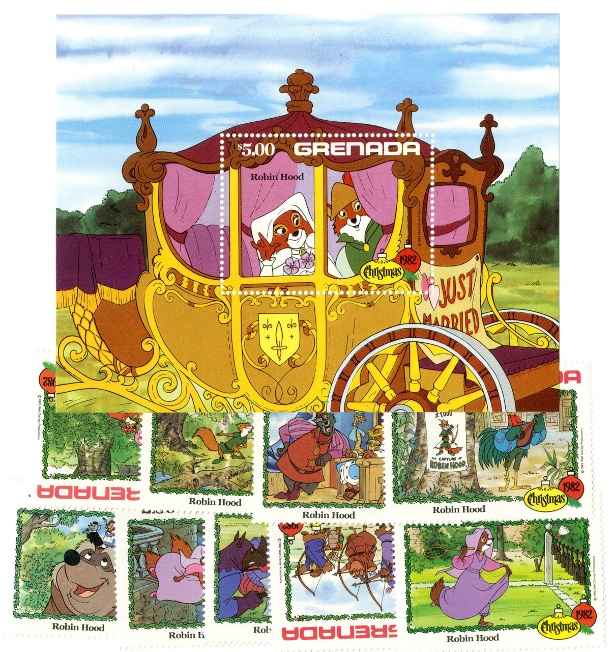 限定品ディズニー☆Authentic Postage Stanp MDS304 - 1982 Disney Christmas Celebrates - Robin Hood, Mint, Set