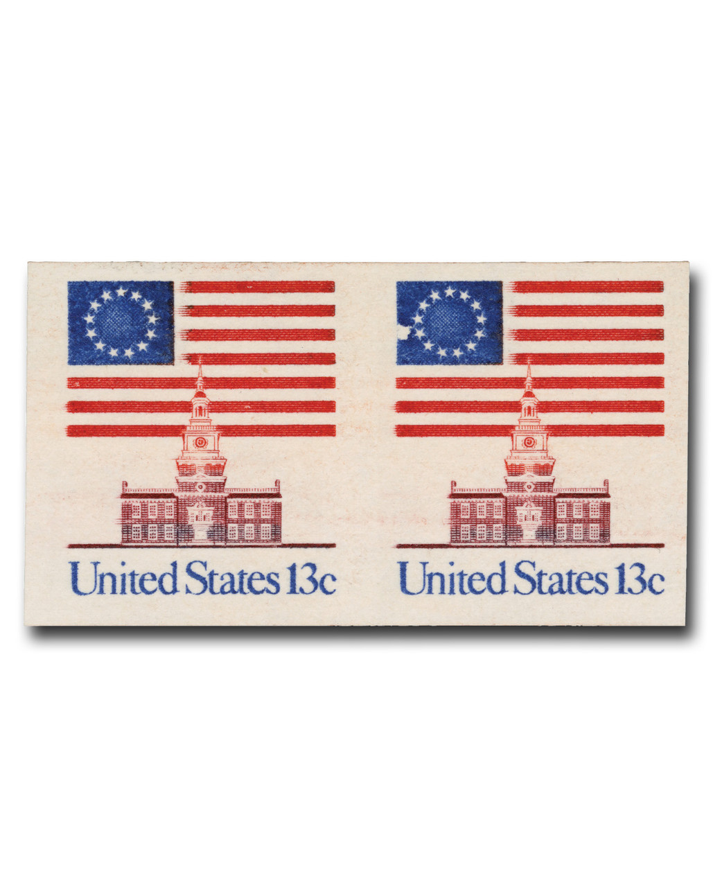 1625a - 1975 13c Flag Over Independence Hall, Imperf. Error