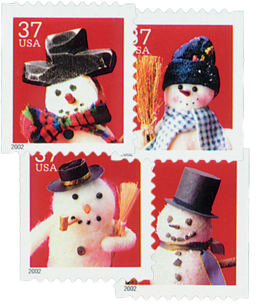 3684-87 - 2002 37c Snowmen, Perf. 10.75 x 11 - Mystic Stamp Company