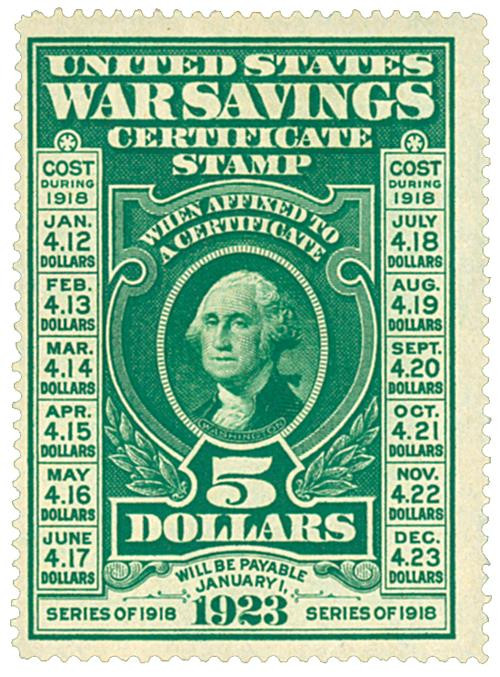 WS2 1917 $5 War Savings stamp, dark green, unwatermarked