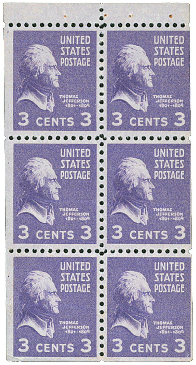 807a - 1938 3c Thomas Jefferson, Light Purple, Booklet Pane of 6