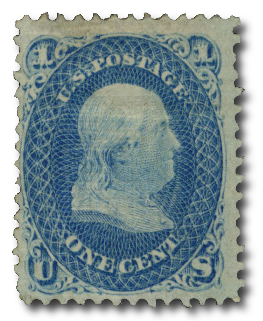 あページ 92 - 1868 1c Franklin, Blue, F Grill, Perf. 12 - Mystic Stamp Company