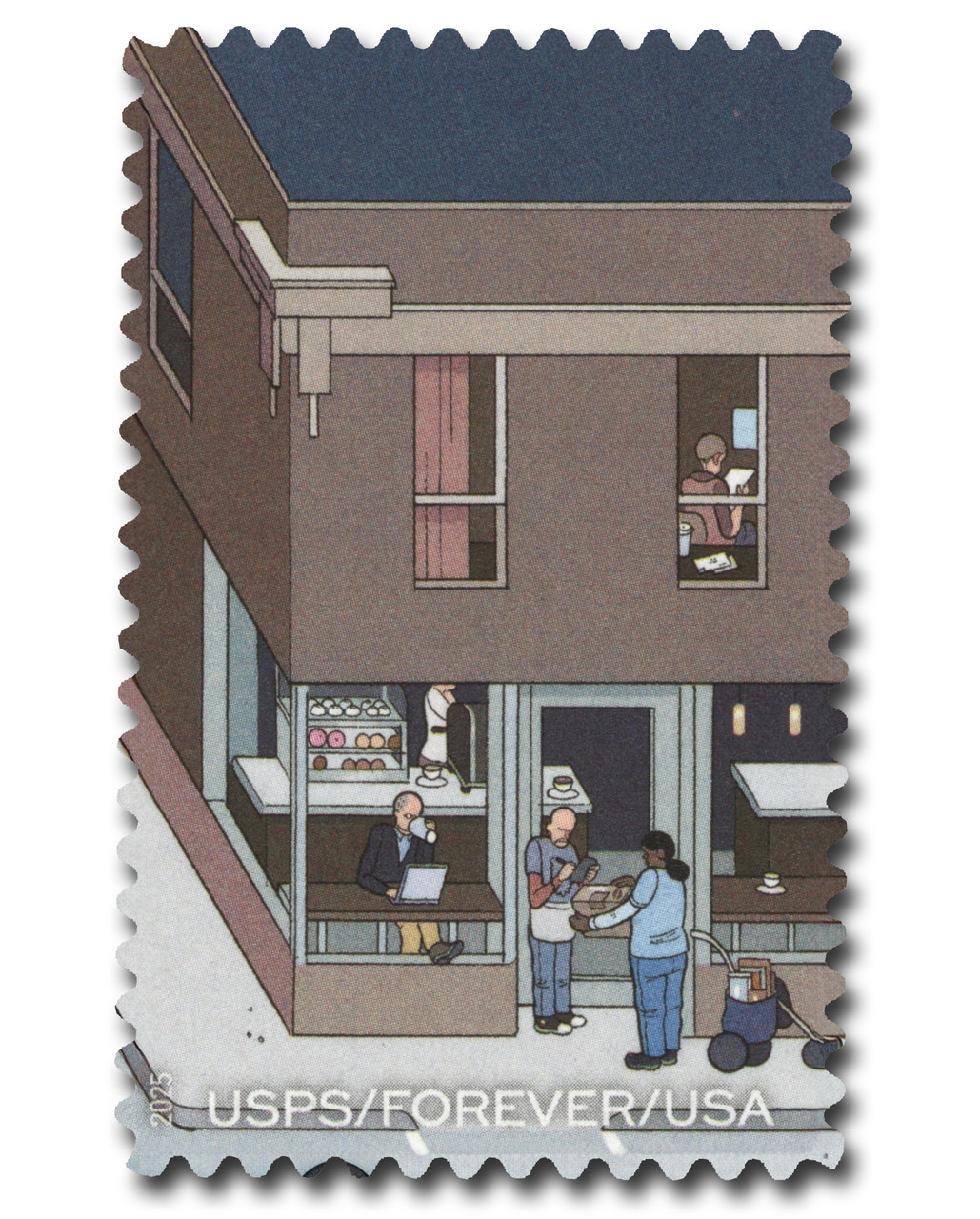 6023e - 2025 First-Class Forever Stamp - 250th Anniversary of Delivering Mail: Postal Worker Delivering Mail in Coffee Shop