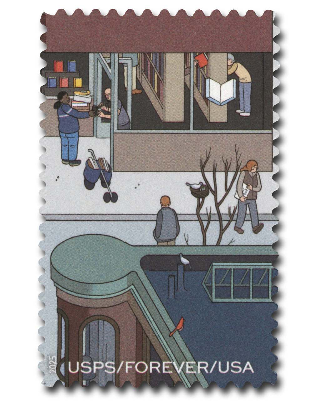 6023o - 2025 First-Class Forever Stamp - 250th Anniversary of Delivering Mail: Postal Worker Delivering Parcel to Book Store