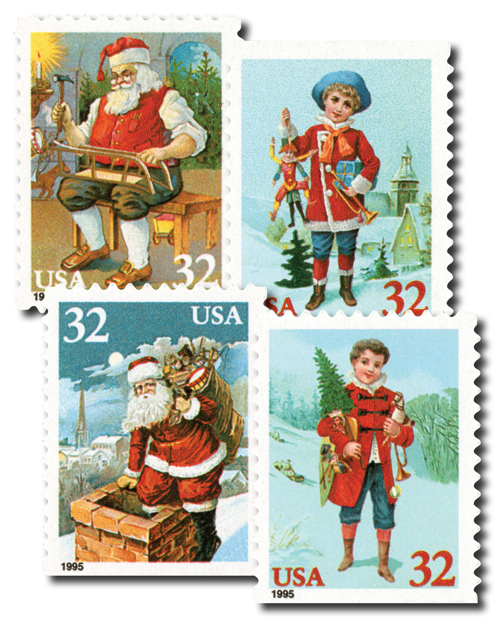 3008-11 - 1995 32c Santa & Children, booklet stamps - Mystic Stamp