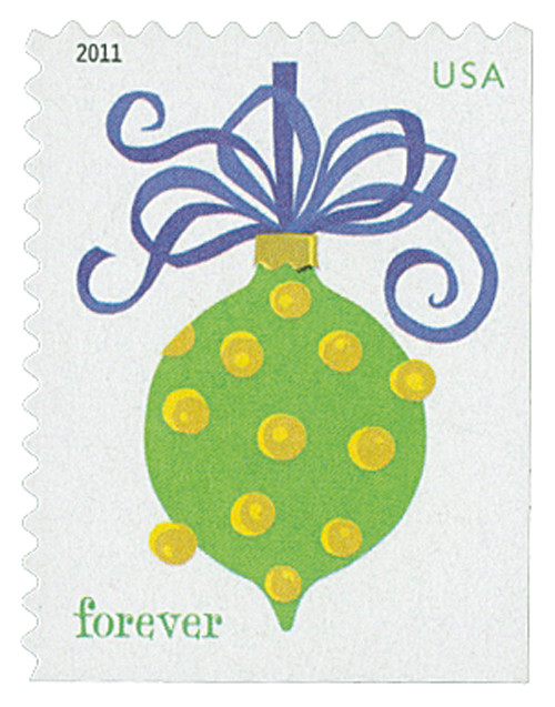 4574 - 2011 First-Class Forever Stamp - Holiday Baubles: Green and Yellow Spotted Ornament (Ashton Potter)
