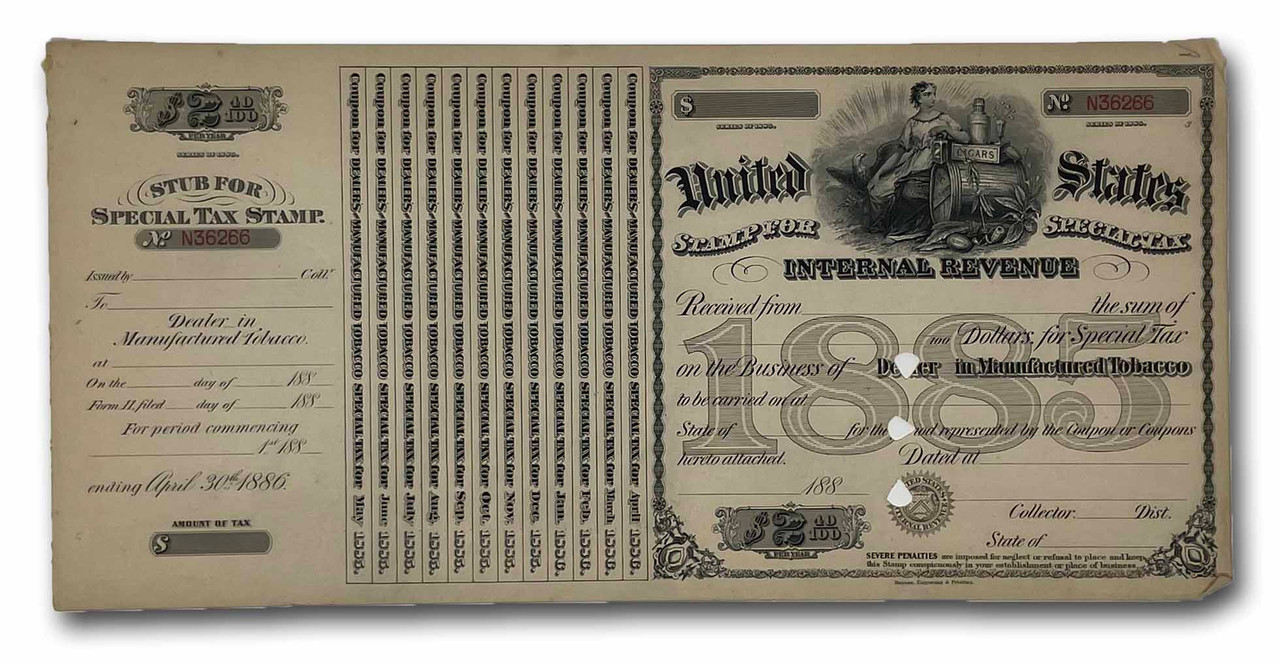 MUS073 - 1885 $2.40 Dealer in Manufactured Tobacco, Special Tax Stamp, Cream Paper