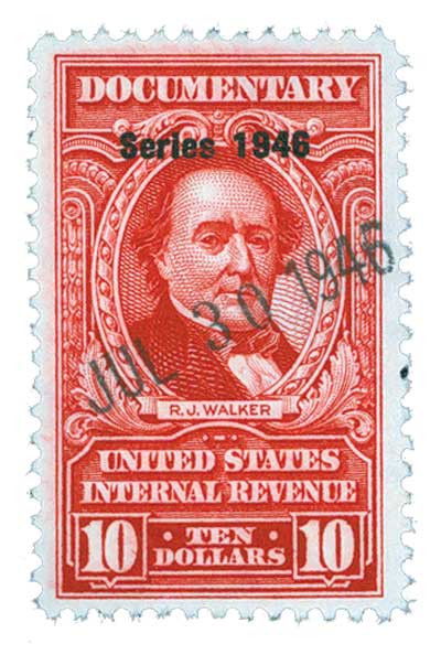 R453 - 1946 $10 U.S. Internal Revenue Stamp, Carmine