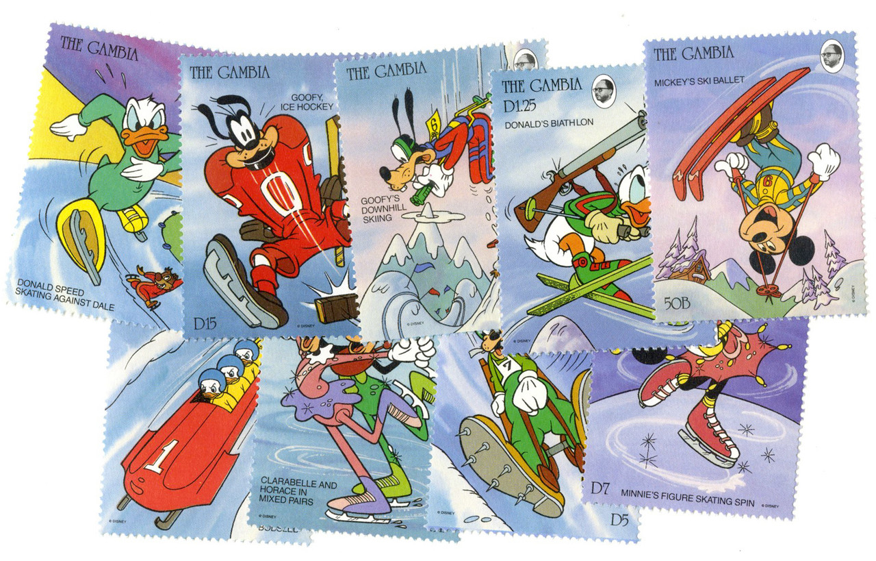 MDS283A - 1993 Disney Friends Try Winter Sports, Mint, Set of 9 Stamps, Gambia