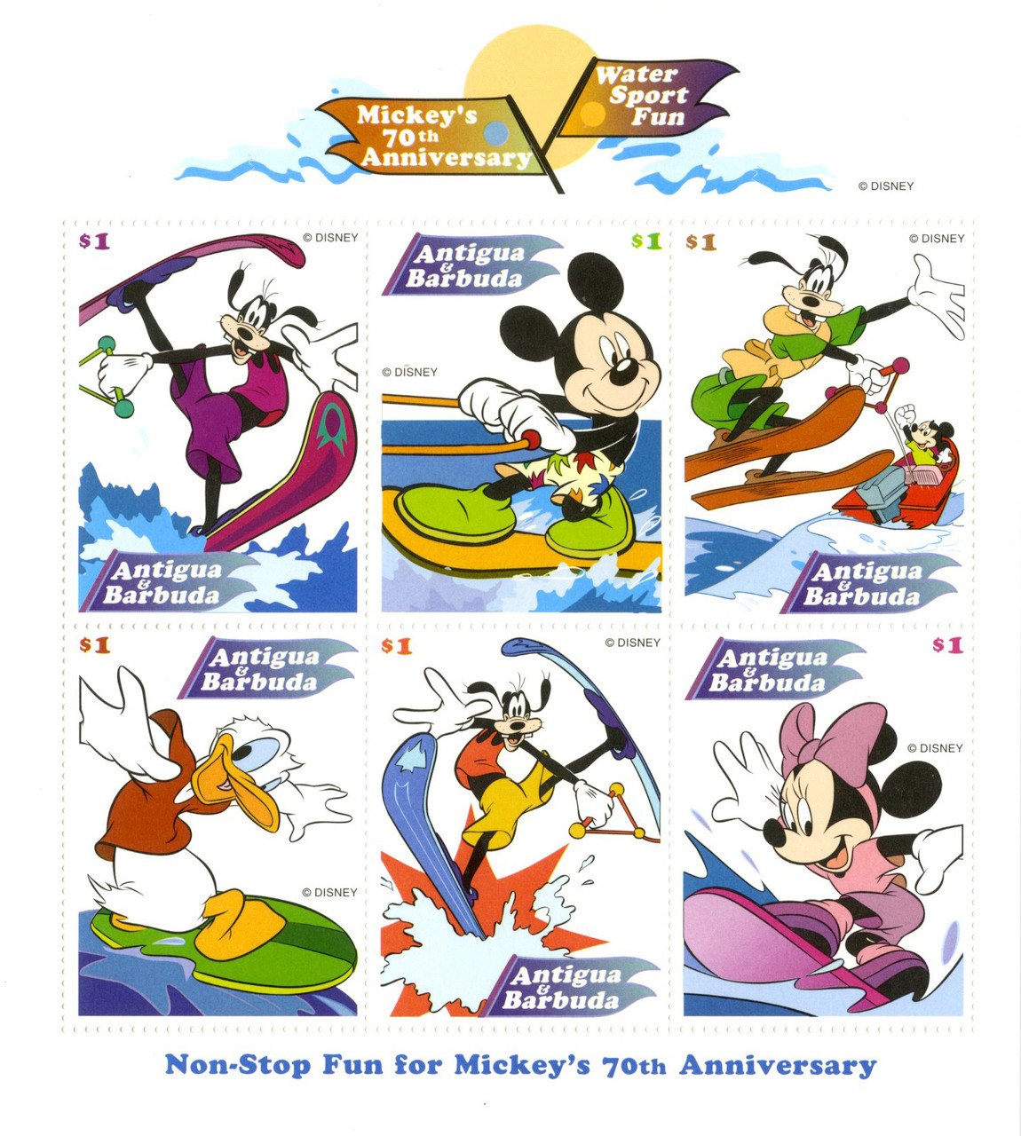 MDS240A - 1998 Disney Celebrates Mickey's 70th Birthday, Mint Sheet of 6 Stamps, Antigua-Barbuda