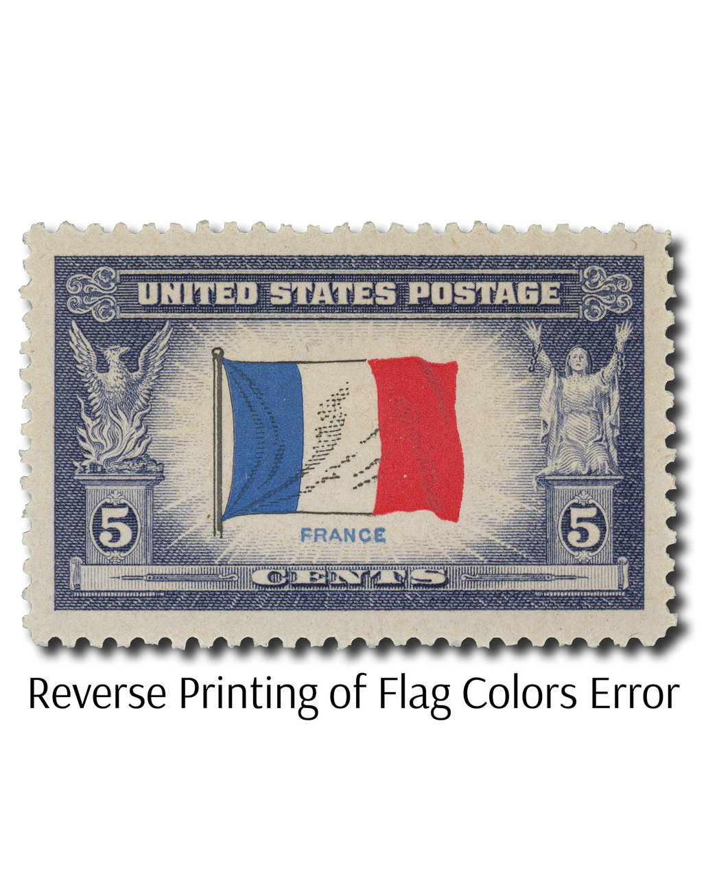 915a - 1943 5c Overrun Countries: Flag of France, Reverse Printing
