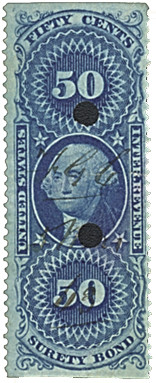 R63b - 1862-71 50c U.S. Internal Revenue Stamp, Surety Bond, Blue, Part Perf.