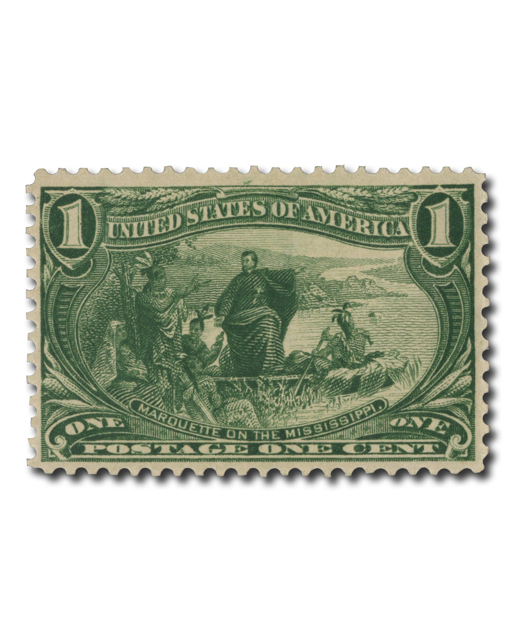 285 - 1898 1c Marquette on the Mississippi, Dark Yellow Green