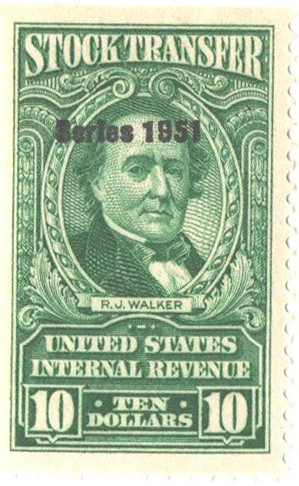 RD354 - 1951 $10 Stock Transfer Stamp, Bright Green