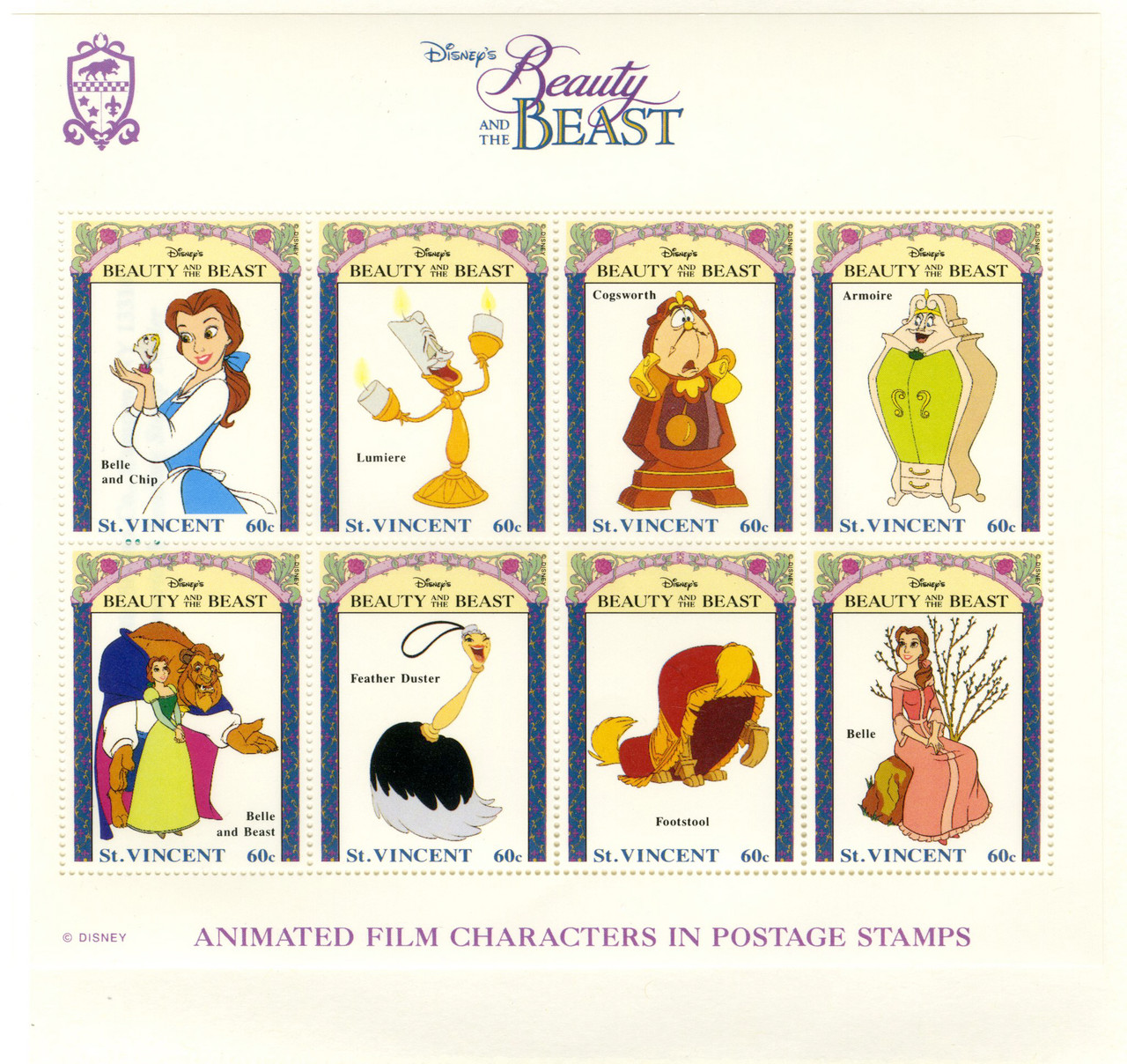 MDS187 - 1992 Disney's Beauty and The Beast Characters, Mint Sheet