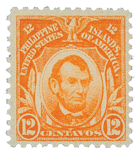 PH255 - 1909-13 12c Abraham Lincoln, Red Orange, Philippines Regular Issue, Double Line Watermark, Perf. 12