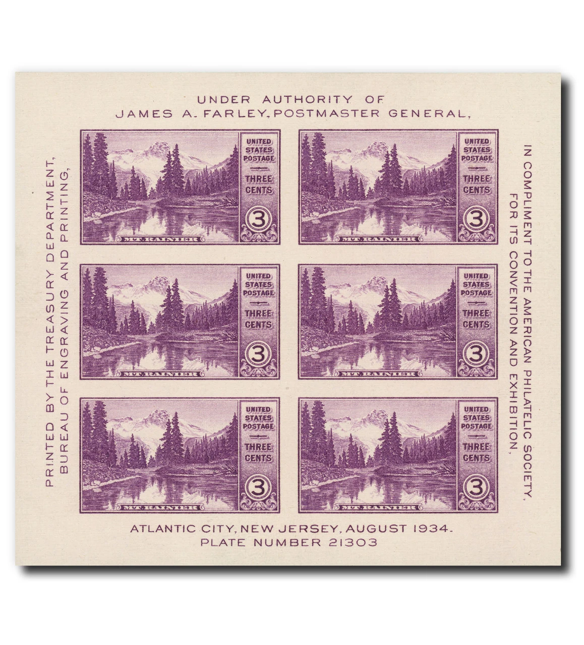 750 - 1934 3c Mt. Rainier, Washington, Purple, Souvenir Sheet