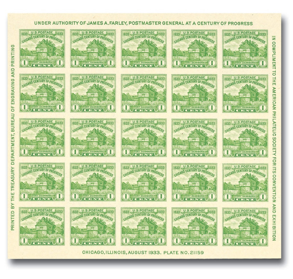 730 - 1933 1c Restoration of Fort Dearborn, Deep Yellow Green