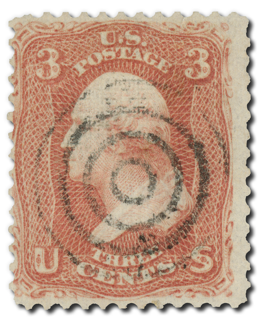 MA2169 - #94, 1868 3c Washington, Red, F Grill, Perf. 12, Bullseye Cancel