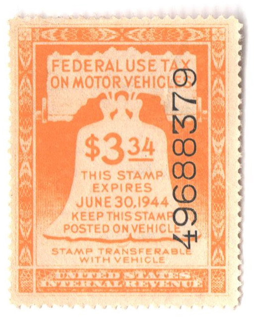 RV22 - 1943 $3.34 Motor Vehicle Use Tax, Yellow, Gum & Control No.on Face, Inscription on Back