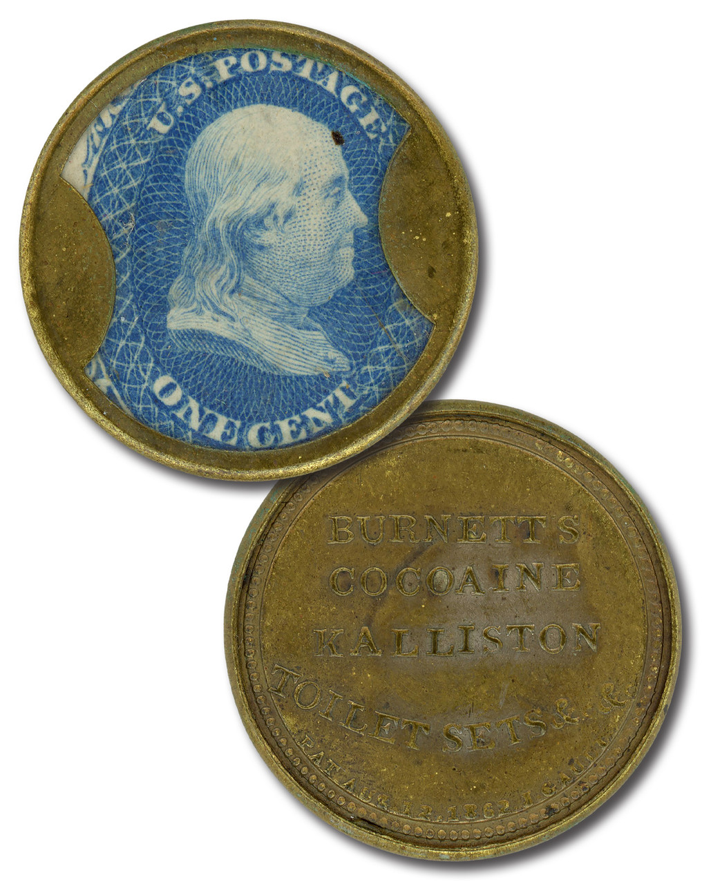 EP44 - 1862 1c Franklin, Burnett's Cocoaine Kalliston, Encased Postage