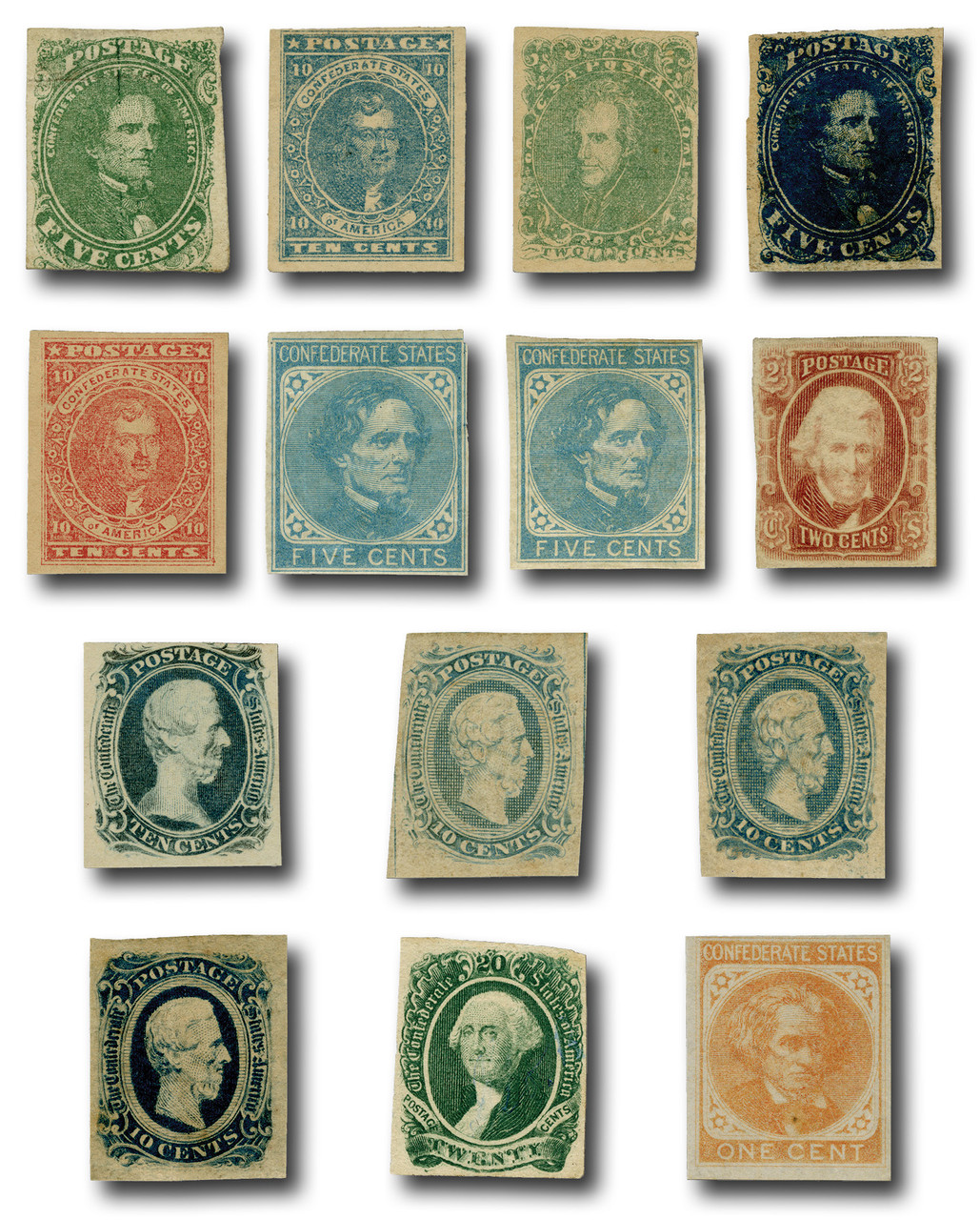 CSA1-14 - 1861 Confederate States of America, Complete Set of 14 Stamps plus Free Album and Pages