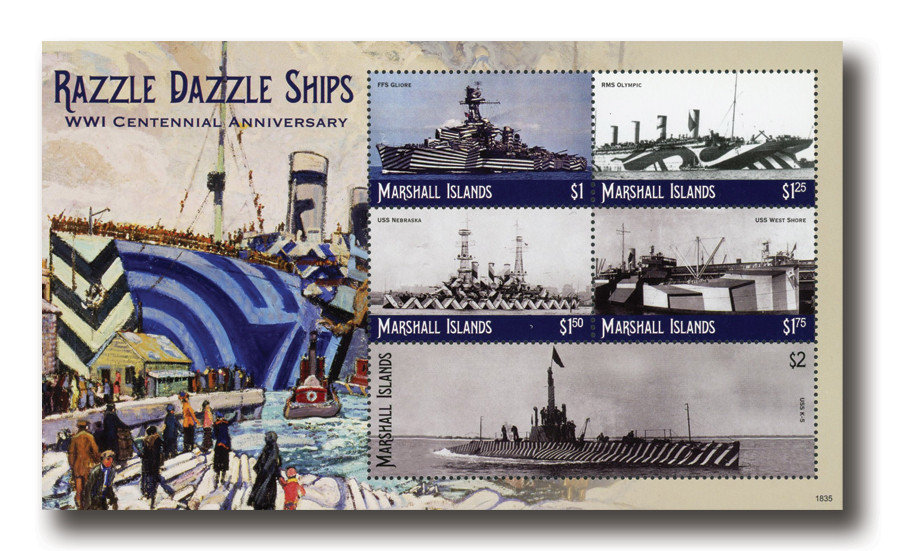 MFN489 - 2018 $1 Razzle Dazzle Ships: World War I Centennial Anniversary, FFS Gliore, Mint Sheet of 5, Marshall Islands