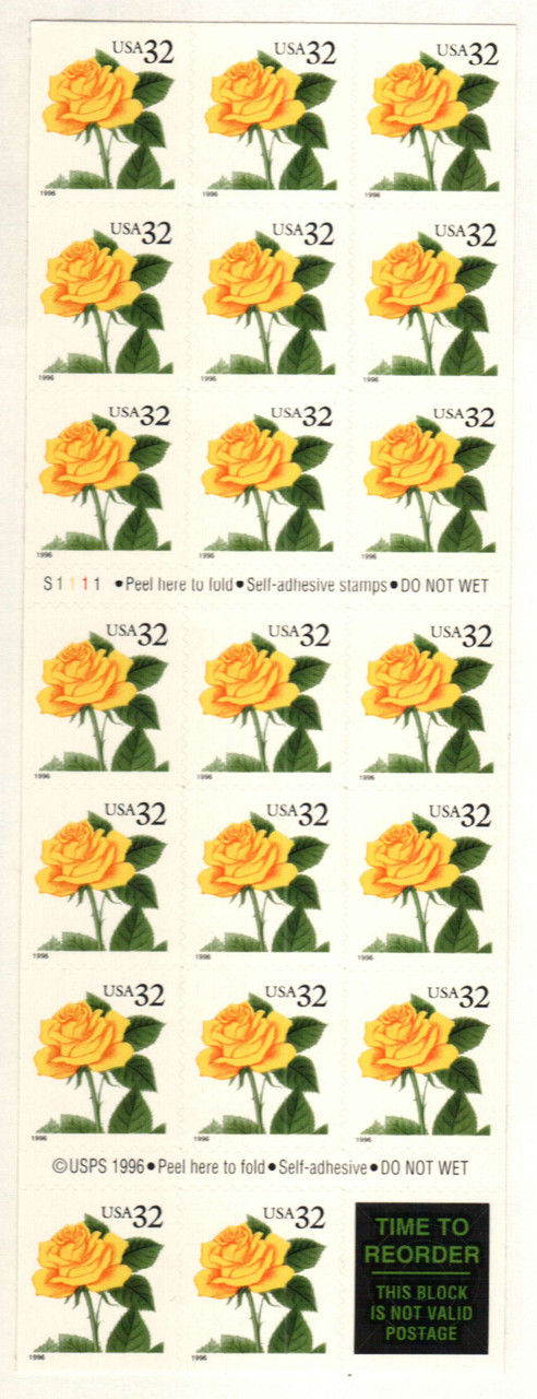 3049a - 1996 32c Flora & Fauna Series: Yellow Rose, Booklet pane of 20