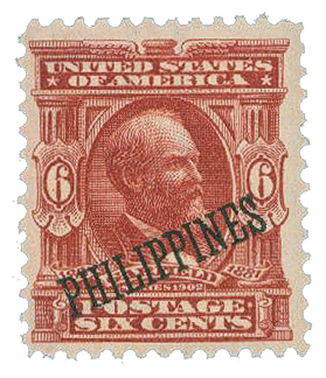 PH231 - 1903-04 6c James A. Garfield, Brown Lake, Philippines Black Overprint