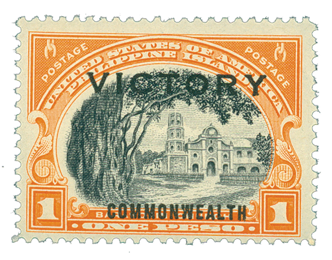 PH494 - 1945 1p Barasoain Church, Red Orange, Black, Philippine Islands, Victory & Commonwealth Overprint in Black