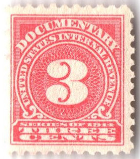R198 - 1914 3c U.S. Internal Revenue Stamp, Rose, Single Line Watermark, Perf. 10