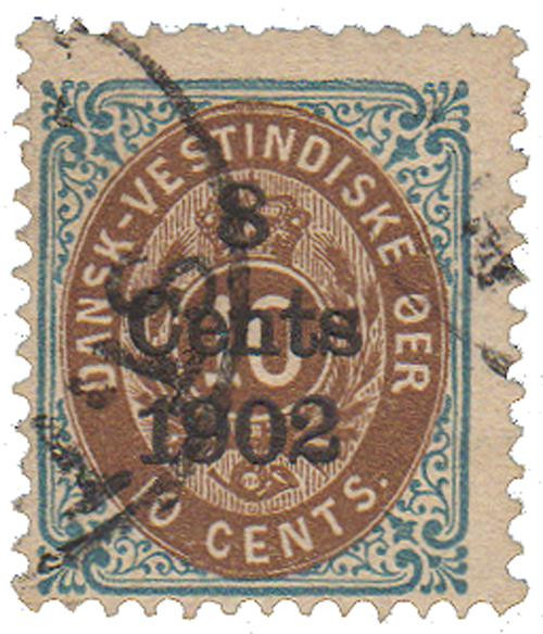 DWI28 - 1902 8c on 10c Blue & Brown, Danish West Indies